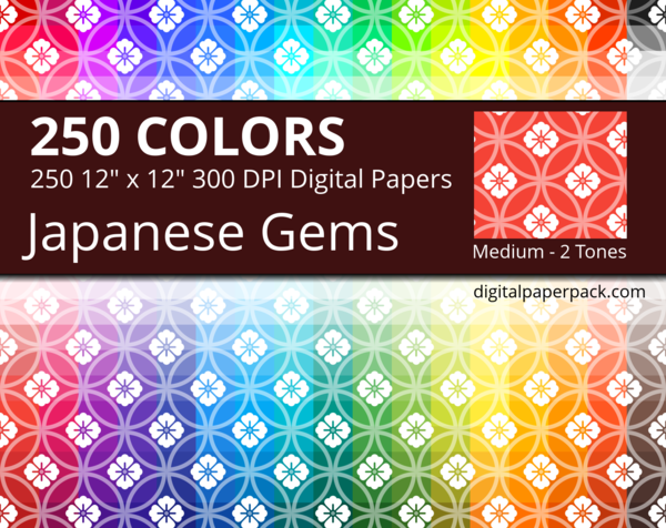 Medium white Japanese flowers and lightly tinted Japanese jewels / Hanawachigai Shippou + Hanabishi pattern on colored background
